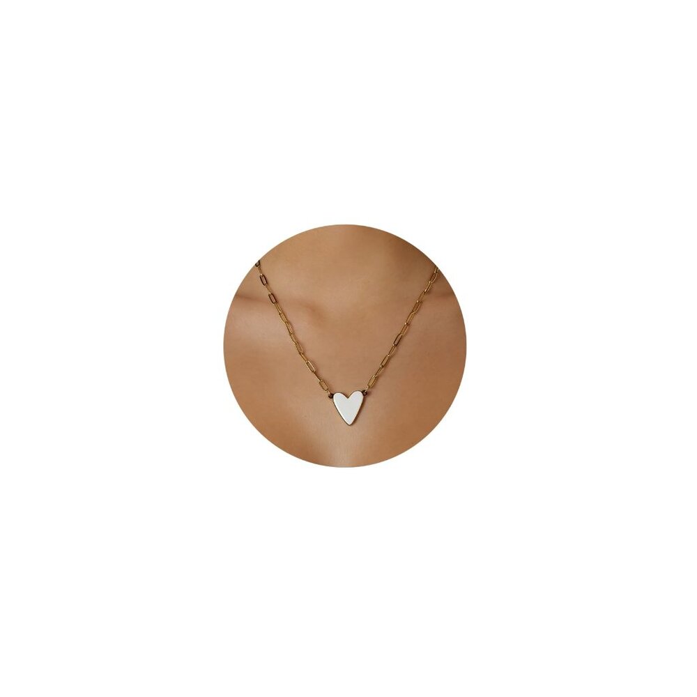 Gold Plated Heart Pendant Necklace Trendy Preppy Paperclip Chain Adjustable